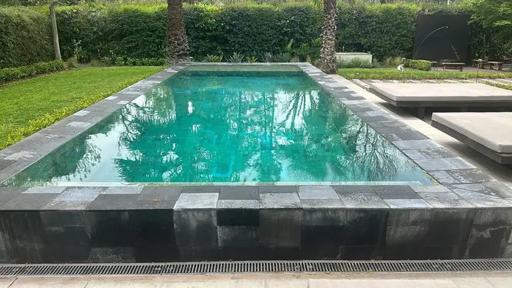 Piscina refaccionada con borde de piedra oscura, agua verde esmeralda y palmeras